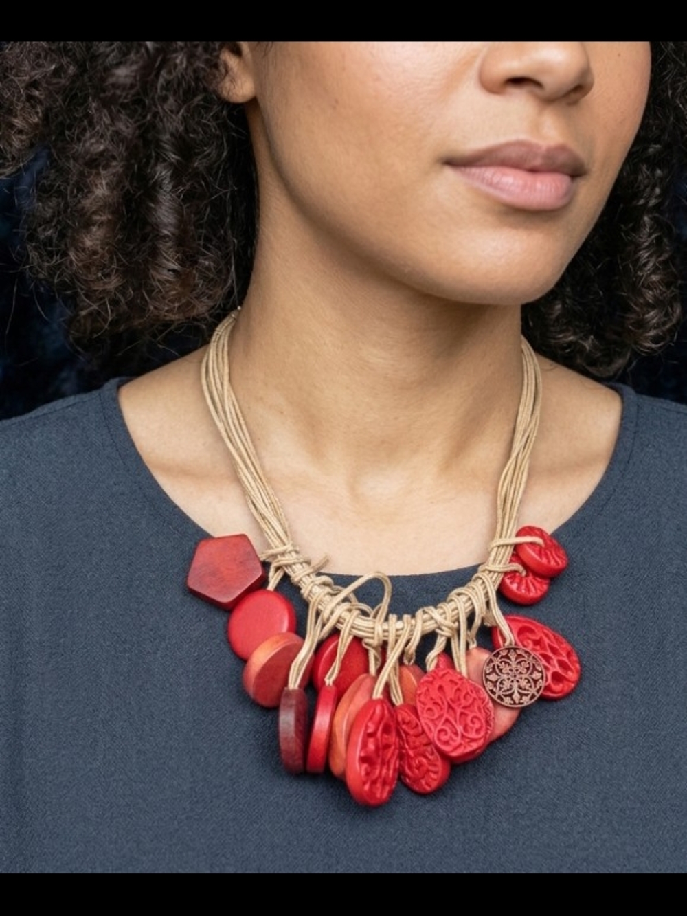 Handcrafted Red/Coral Statement Bib Necklace with Natural Cord